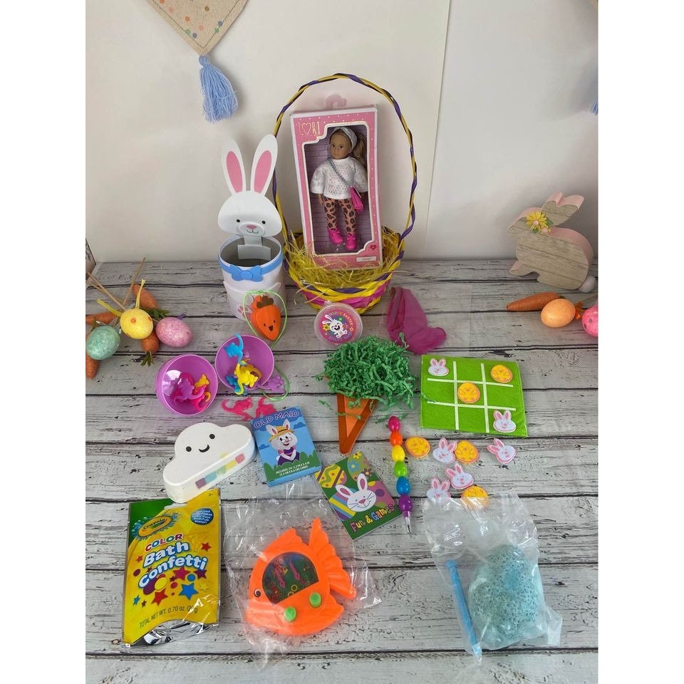 14 piece girls Easter Basket with mini Lori Doll and Easter crafts age 3+