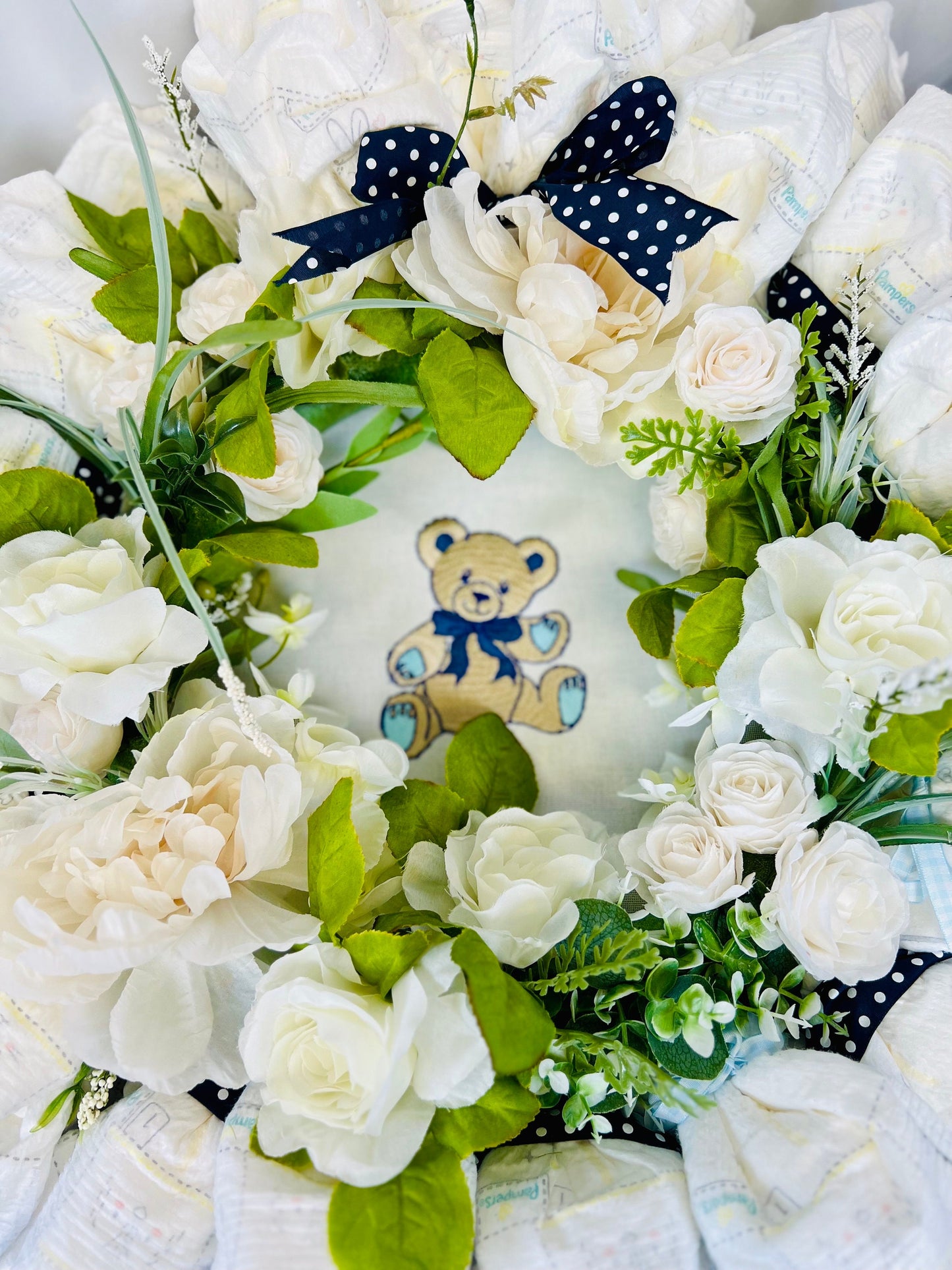 Adorable Teddy Bear diaper wreath with floral accents 18" wreath baby shower decor baby diaper cake baby shower centerpiece baby shower