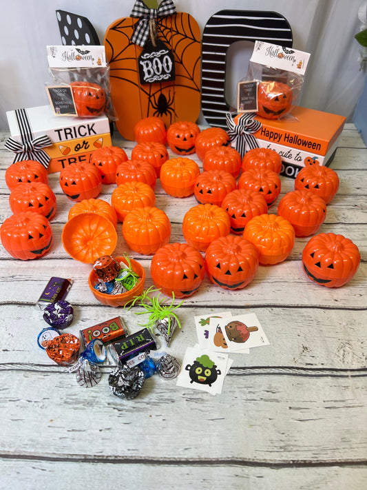 Halloween Trick Or Treat Handouts- pumpkin containers- filled containers- trick or treat- halloween- surprise grab bag boo bag filler