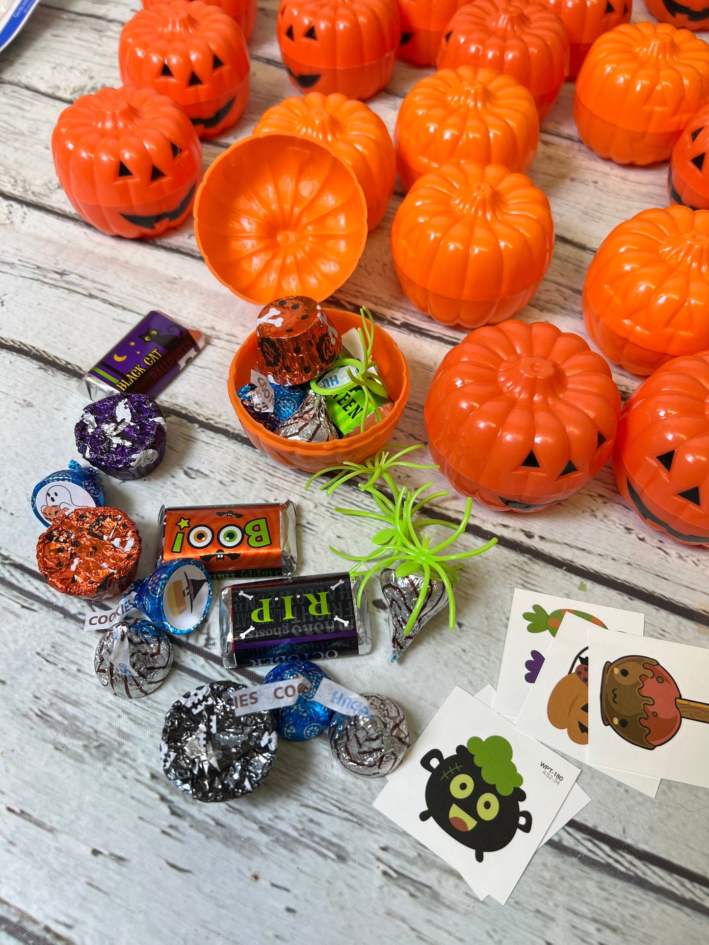 Halloween Trick Or Treat Handouts- pumpkin containers- filled containers- trick or treat- halloween- surprise grab bag boo bag filler