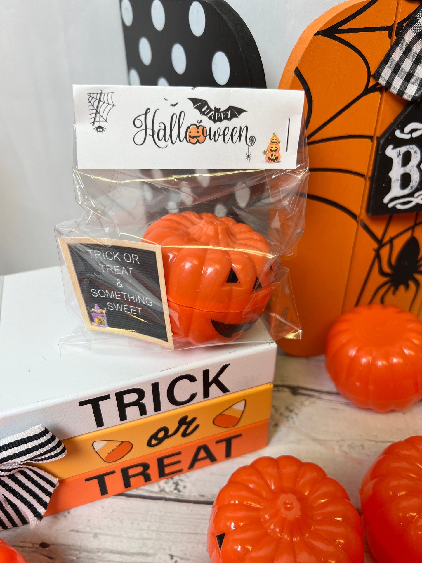 Halloween Trick Or Treat Handouts- pumpkin containers- filled containers- trick or treat- halloween- surprise grab bag boo bag filler