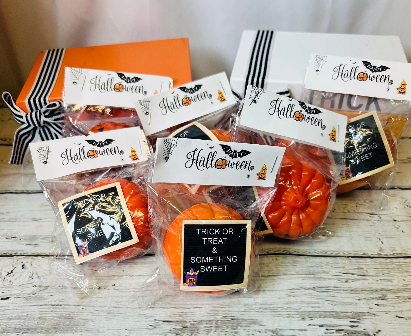 Halloween Trick Or Treat Handouts- pumpkin containers- filled containers- trick or treat- halloween- surprise grab bag boo bag filler