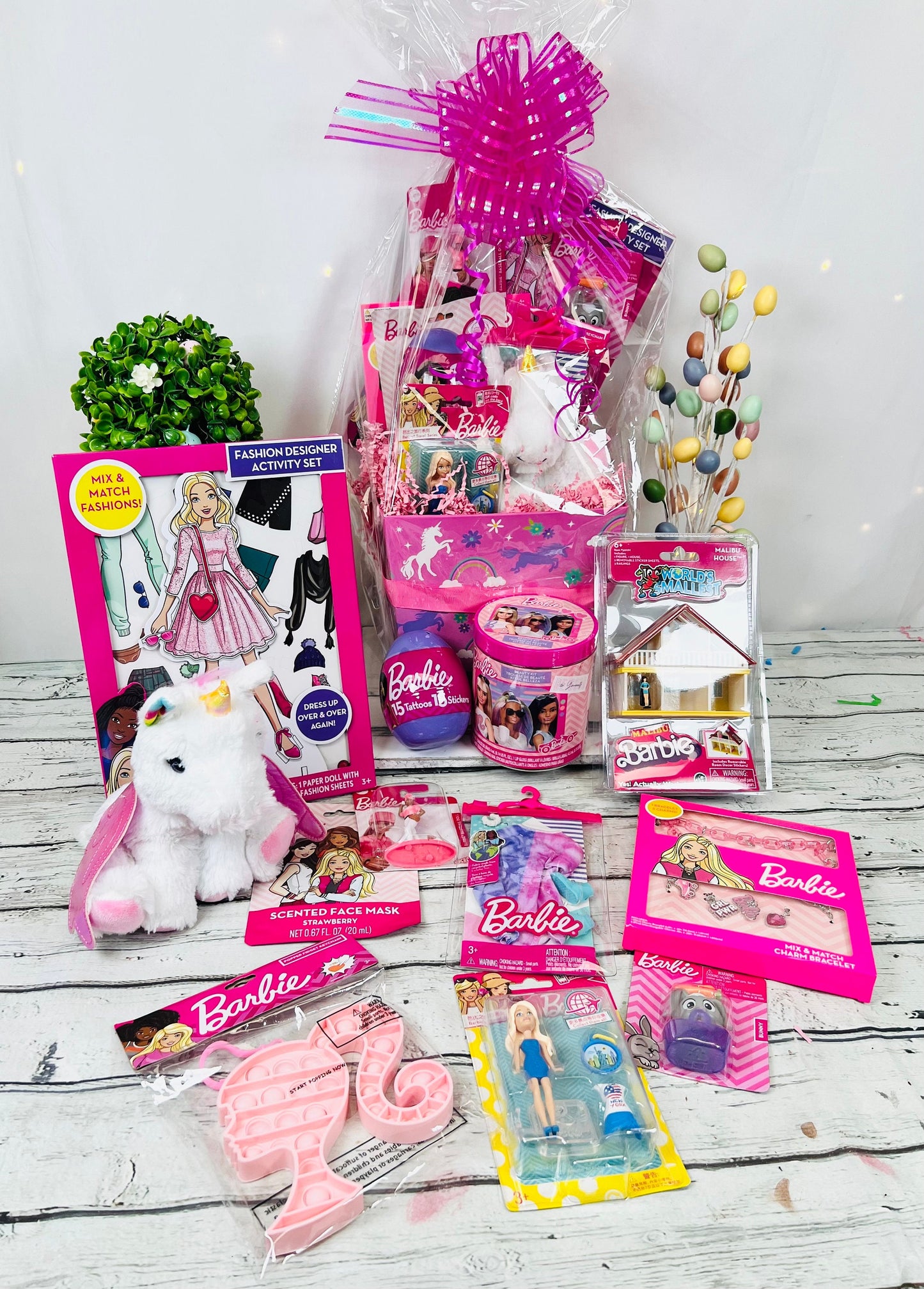 11 Piece Prefilled Pink Fashion Doll Themed Gift Basket girls gift basket  easter basket for girls toys accessories| Girls themed birthday