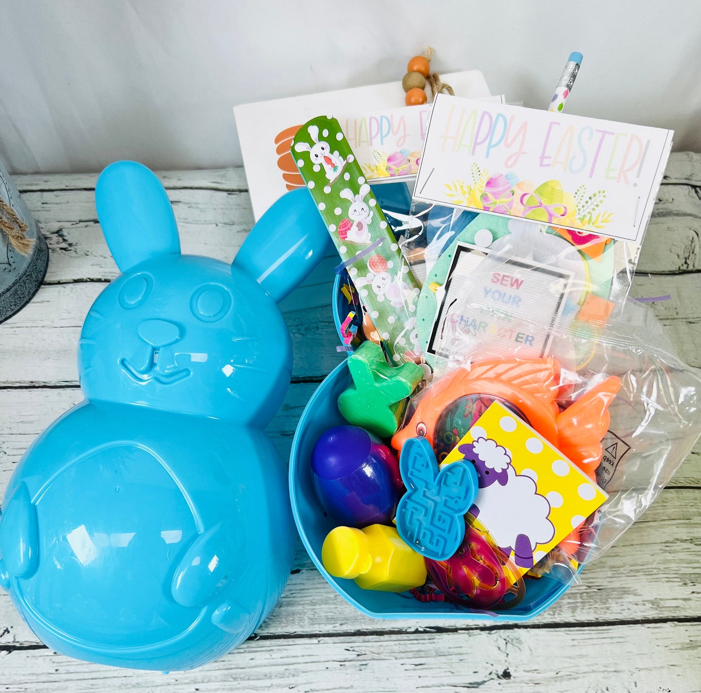 11 piece personalized 10” Easter bunny container Easter basket filler Easter toys for kids Easter bunny grandparent gift Easter activity