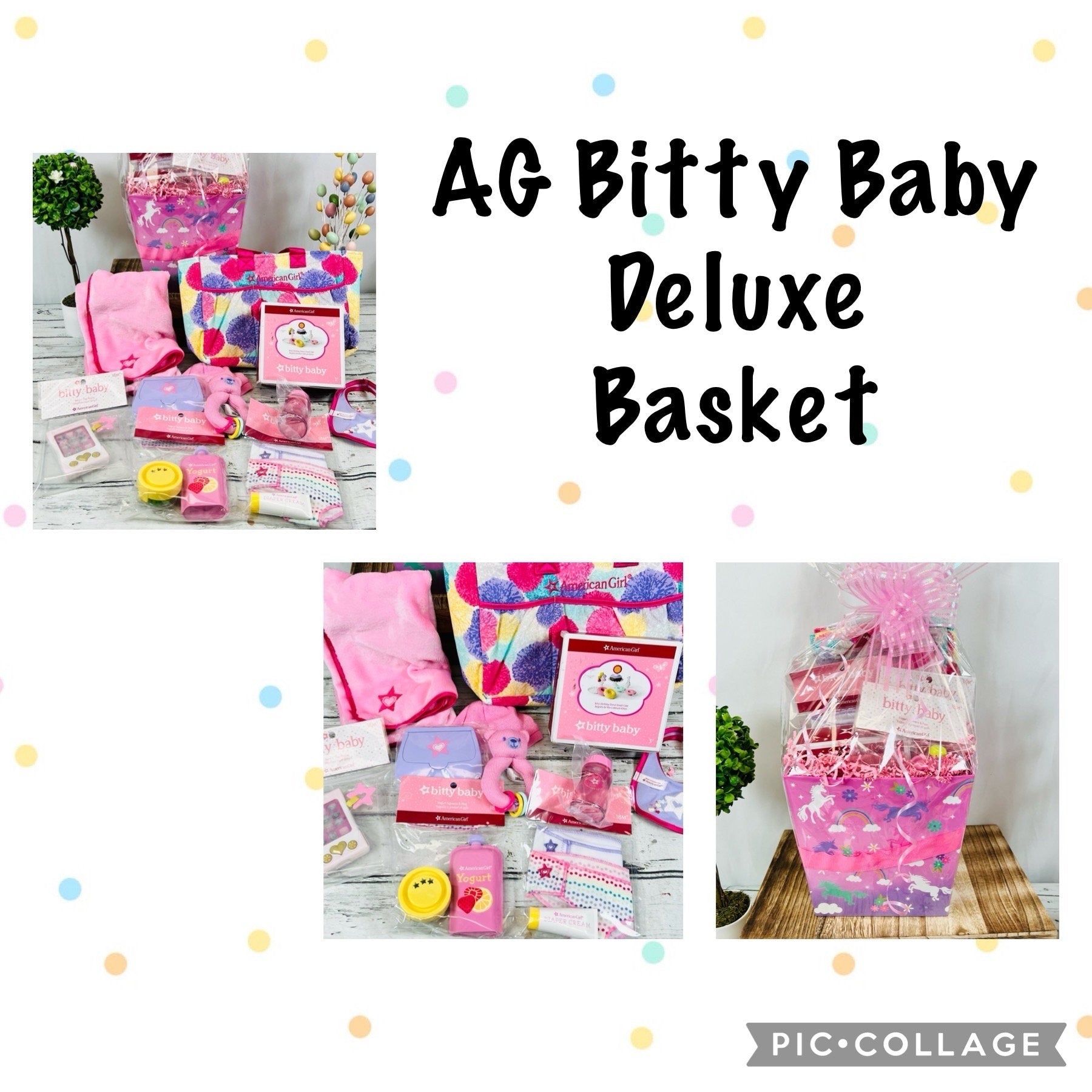 Pre Filled American Girl and Bitty Baby themed gift basket for girls | American Girl 18" doll accessories | Bitty Baby accessories for girls