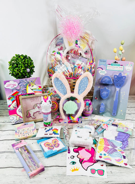 Ultimate unicorn pre filled gift basket for girls | 21 piece unicorn themed basket | kids Easter basket