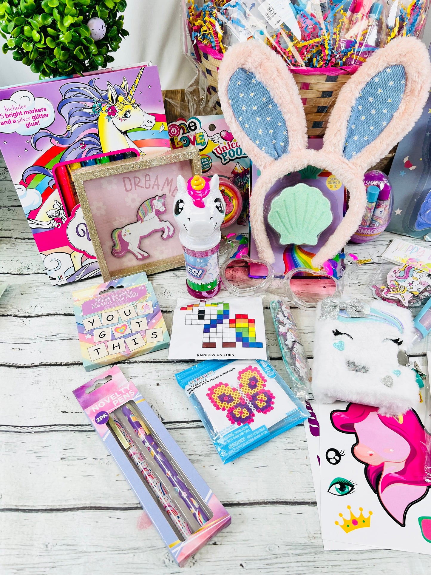 Ultimate unicorn pre filled gift basket for girls | 21 piece unicorn themed basket | kids Easter basket