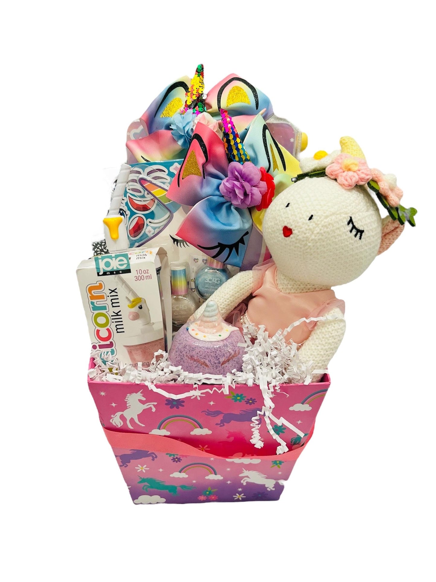 Adorable unicorn prefilled gift basket stuffed unicorn plush toy girls gift basket Easter basket for girls kids gift basket birthday basket